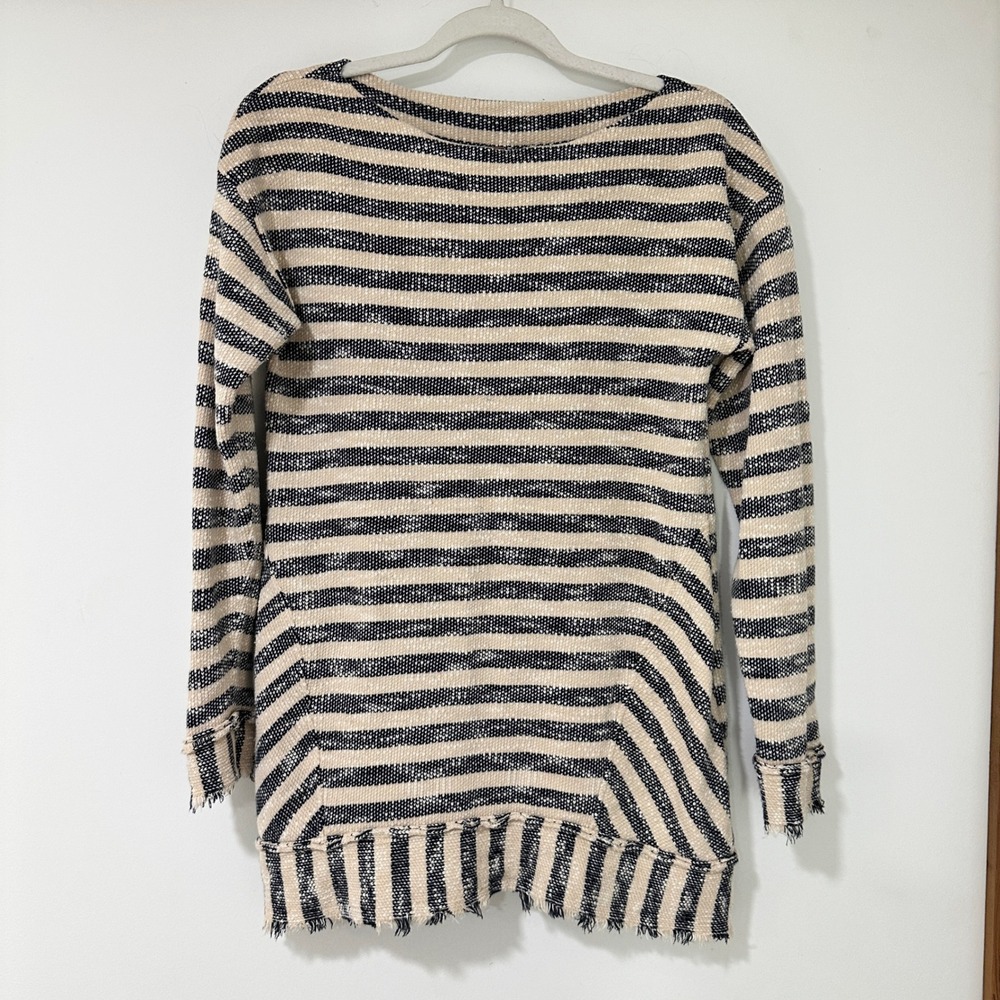 Soft Surroundings Sweater Womens PS Petite Small Beige Black Striped Cotton Knit